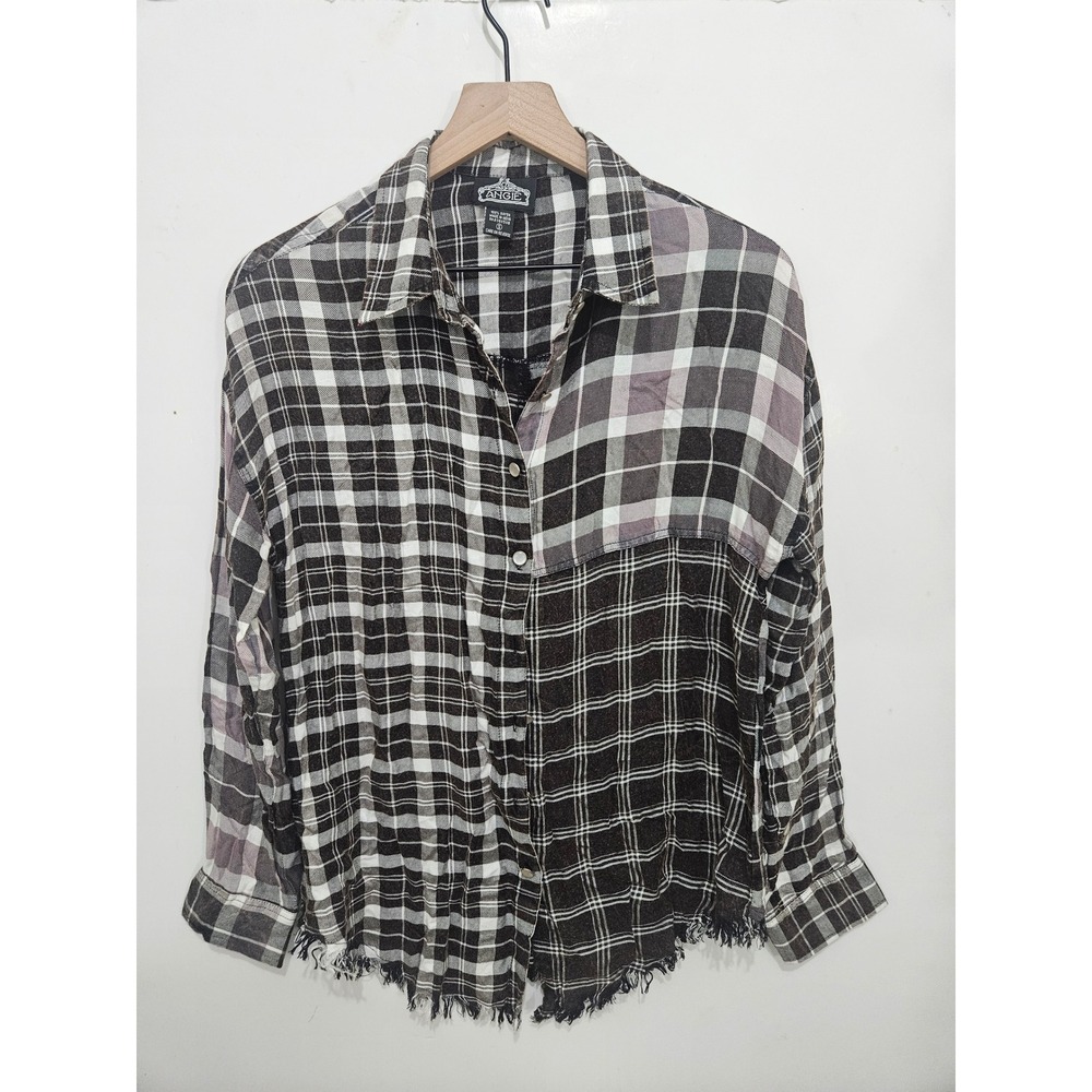 Angie Mixed Plaid Patchwork Button Down Shirt Frayed Hem Brown Black Womens S